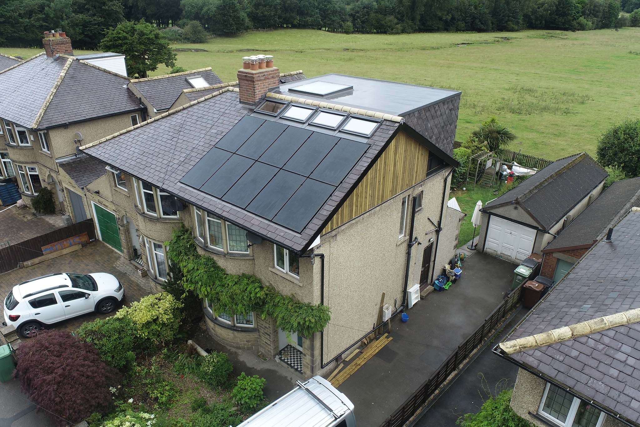 Drone view of an integrated solar array on a domestic roof